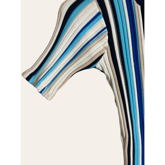 Milly Blue Stripe Ribbed Stretch Knit Fringe Short Sleeve Midi Dress Size Petite - Picture 6 of 9